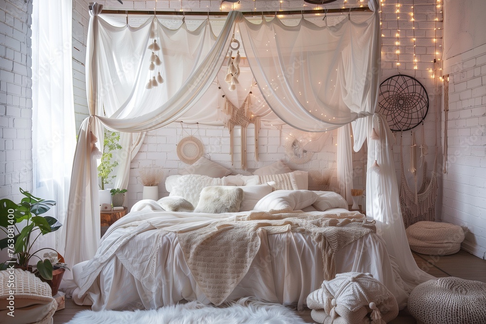 Dreamy atmosphere with a canopy bed draped in gauzy fabric, Moroccan poufs, and dreamcatchers. - obrazy, fototapety, plakaty 
