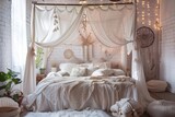 Dreamy atmosphere with a canopy bed draped in gauzy fabric, Moroccan poufs, and dreamcatchers.