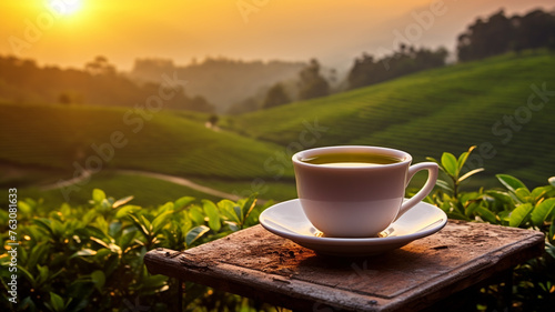 A white cup of tea on the wooden table with tea plantation background at beautiful sunrise