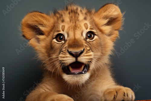 Close-up Portrait of Young Lion Cub Against Dark Blue Background, A Captivating Glimpse into the Majesty of Wildlife ©  Princess Turandot