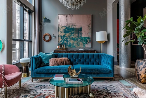Inviting space with a mix of vintage and modern elements, including a velvet sofa and metallic accents.