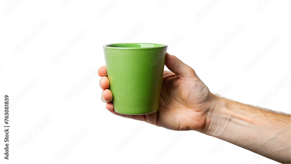 Obraz premium Hand holding on green cup. isolated on transparent background.