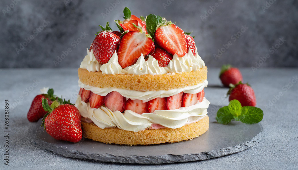 Tasty strawberry cake with wrapped cream and fresh strawberries. Delicious festive dessert. Sweet pastry. Tasty strawberry cake with wrapped cream and fresh strawberries. Delicious festive dessert. Sweet pastry.
