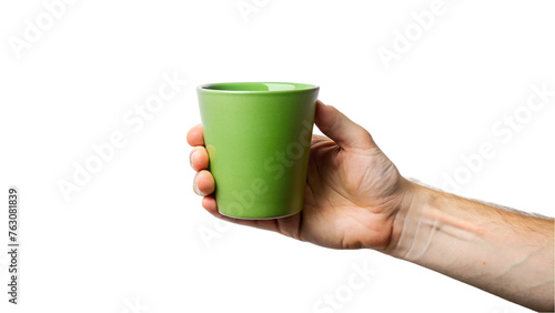Hand holding on green cup. isolated on transparent background.