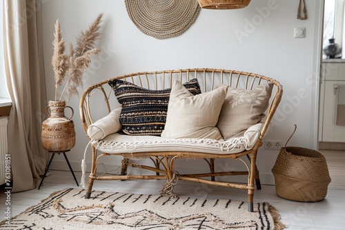 Minimalist boho chic space featuring a rattan chair, textured throw pillows, and a vintage rug.