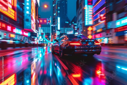 Nighttime street race with neon lights reflecting off polished cars, the city alive with excitement © Dina