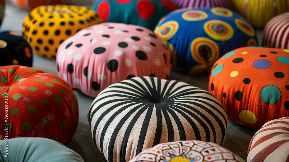 A collection of colorful pillows with various patterns and designs