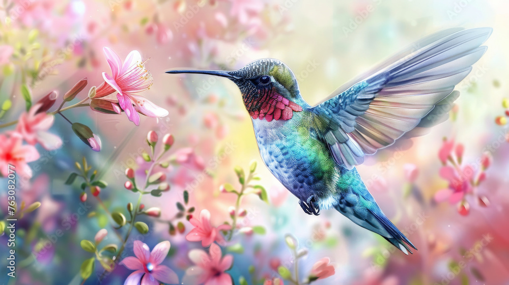 Naklejka premium A hummingbird is perched on a pink flower