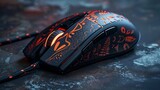a black gaming mouse with an edgy design, incorporating tribal-inspired motifs and illuminated accents
