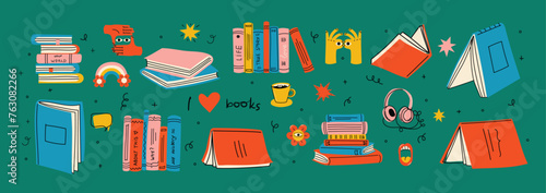 World book day. Stack of hand drawn books, vertical books and coffee isolated educational vector illustrations. Book concepts set.