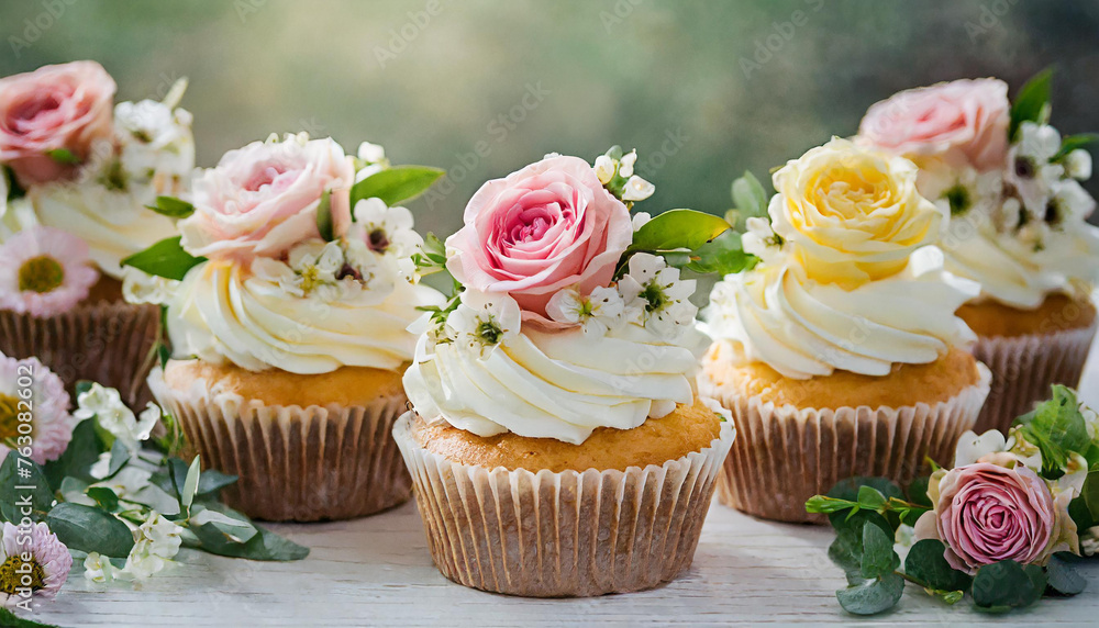 Tasty wedding cupcakes decorated with flowers. Delicious festive dessert. Sweet pastry. Blurred backdrop.