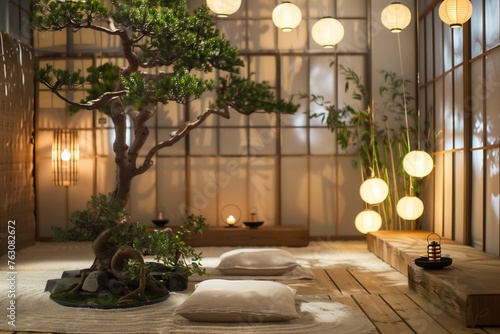 Zen-inspired space with a Japanese tatami mat, bonsai tree, and paper lanterns.