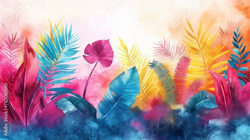 Colorful bright watercolor tropical background.