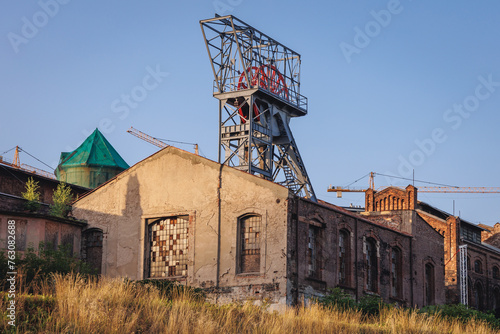 Old shaft tower and buildings of former coal mine in Katowice, Poland