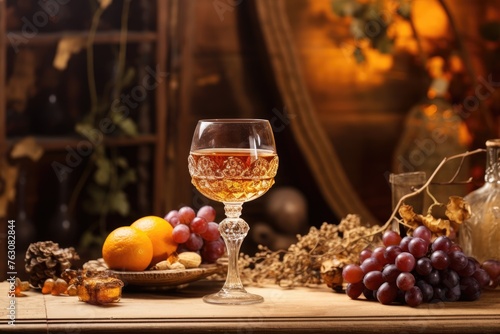 Authentic Georgian amber wine served in a traditional glass with a rustic aesthetic.
