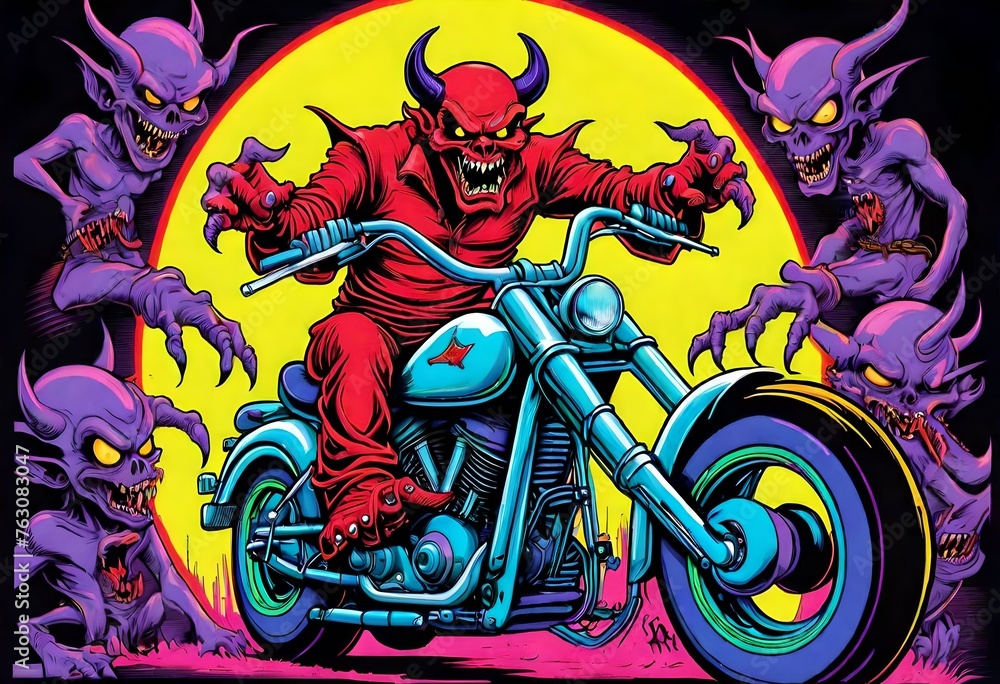 a bright colored cartoon of an evil devil riding a fictional unbranded motorcycle. motorcycle gang logo. Suitable for a t-shirt design. a bright colored cartoon of an evil devil riding a fictional unbranded motorcycle. motorcycle gang logo. Suitable for a t-shirt design.