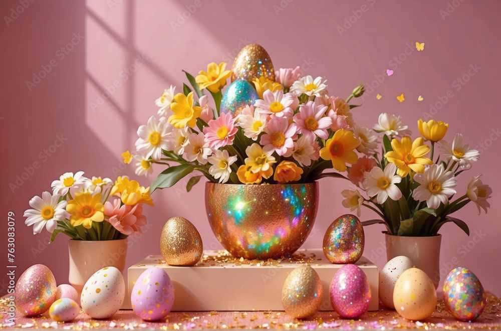 Easter podium background 3d product egg spring happy flower display scene sale gold. Background podium banner cosmetic greeting easter stage card poster platform in pink background