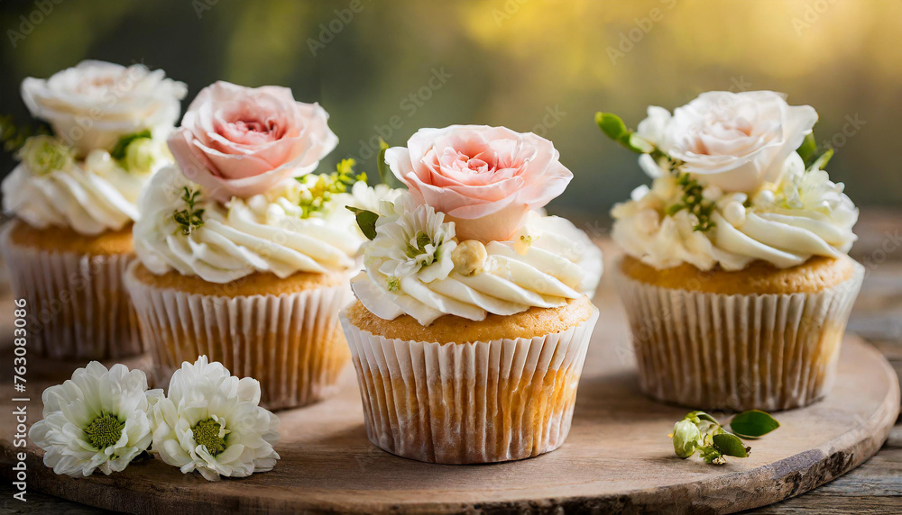 Tasty wedding cupcakes decorated with flowers. Delicious festive dessert. Sweet pastry. Blurred backdrop. Tasty wedding cupcakes decorated with flowers. Delicious festive dessert. Sweet pastry. Blurred backdrop.