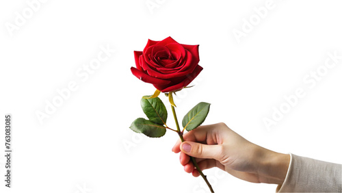 Hand holding on red rose. isolated on transparent background.