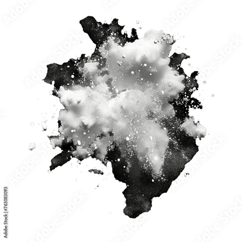 White white explosion, white ice or snowflakes splash clouds, white dust splashes isolated on black background. 3D realistic illustration.