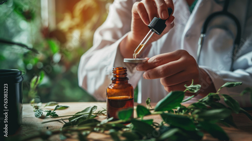 Close-up of a person's hand holding a dropper bottle and extracting a liquid, possibly essential oil, against a backdrop of green plants, indicating a setting that might be related to natural medicine