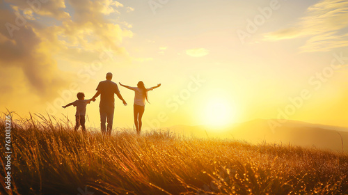 A family of three, a man, a woman and a child