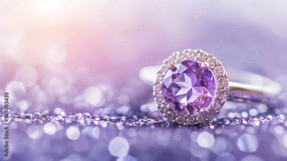 A purple and white diamond ring sits on a purple background, Amethyst A purple and white diamond ring sits on a purple background, Amethyst