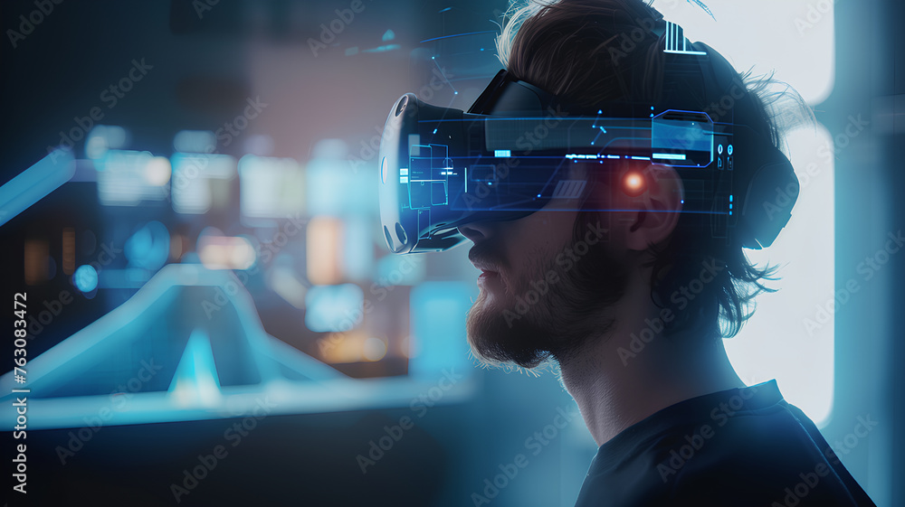 A man wearing a virtual reality headset is looking at a computer screen. Concept of immersion and excitement, as the man is fully engaged in the virtual world. The blue and white colors of the screen A man wearing a virtual reality headset is looking at a computer screen. Concept of immersion and excitement, as the man is fully engaged in the virtual world. The blue and white colors of the screen