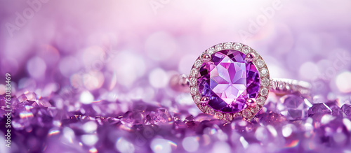 A purple diamond ring is set on a purple background, Amethyst