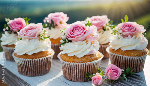 Tasty wedding cupcakes decorated with cute pink flowers. Delicious festive dessert. Sweet pastry.