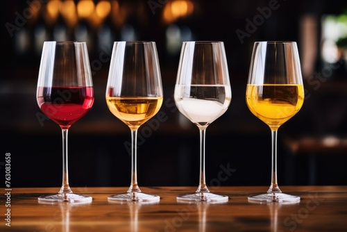 A range of wine glasses containing red, white, and rosé wines, showcasing the variety in color and type. Different Types of Wine in Glasses