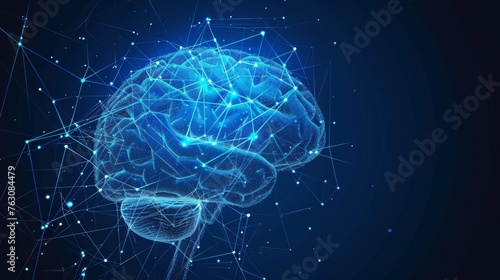 A blue abstract brain with a wireframe light connection structure. Brain anatomy. A diagram of parts of the brain. Low poly style design. Geometric background. Modern 3D graphic concept. photo
