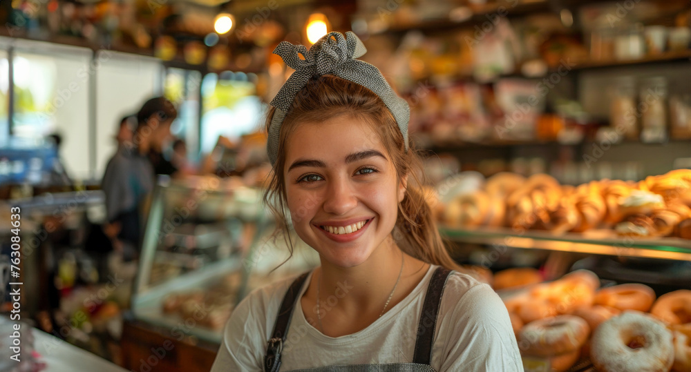Cheerful baker smiling in artisanal bakery
