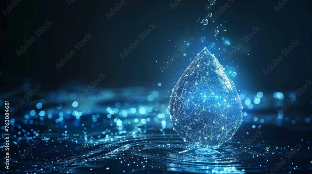 Isolated  illustration of a falling drop of water and snowflake. Abstract geometric background with blue wireframe lighting connection structure. Modern 3D graphic concept. - obrazy, fototapety, plakaty 
