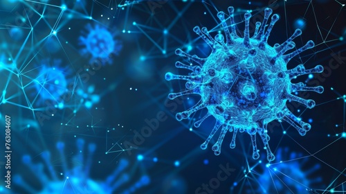 The virus is an abstract 3d model placed on a blue background. Computer virus, allergy bacteria, medical healthcare, and microbiology concept. Disease germ, pathogen organism, and infectious