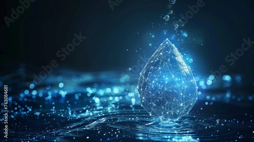 Isolated illustration of a falling drop of water and snowflake. Abstract geometric background with blue wireframe lighting connection structure. Modern 3D graphic concept.