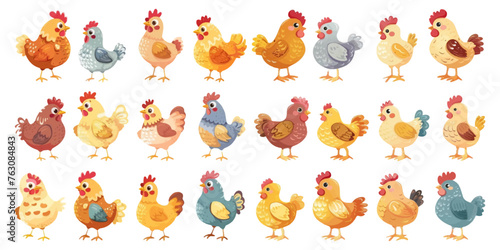 Set of cute hens in various poses on a white background.