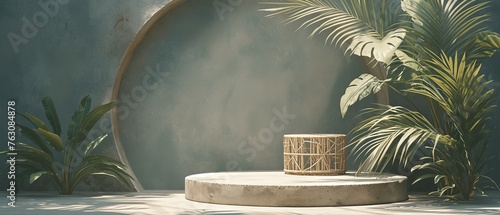 Stone and concrete podium on natural green background. Empty show for presenting cosmetic products. Tone of green leaves is used as a backdrop. A mockup of the pedestal can be seen in the background.
