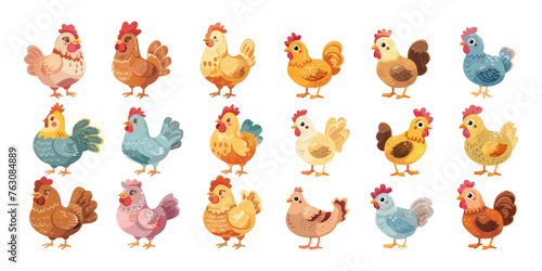 Set of cute hens in various poses on a white background.