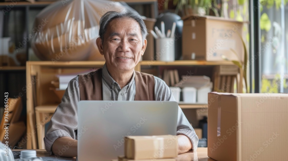 Small business owner is working on a laptop in the warehouse Small business owner is working on a laptop in the warehouse