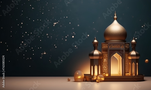 islamic ramadan background, eid al fitri, iftar, eid al adha, beautiful mosque and lantern background. camel in the middle of the desert with mosque © rafliand
