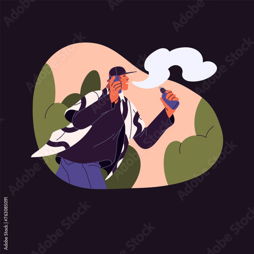 Young man vaper walks, talks by phone. Hurry guy vaping, smokes electronic cigarette on the go. Character smoker inhaling flavor fume, vapor. Nicotine addiction. Flat isolated vector illustration