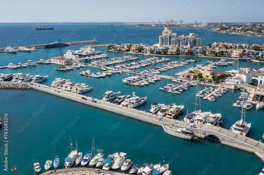 Drone aerial photo of blue flag New Marina of Limassol, Cyprus