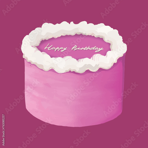 Pink single-tier round birthday cake with white cream and the inscription “Happy Birthday” photo