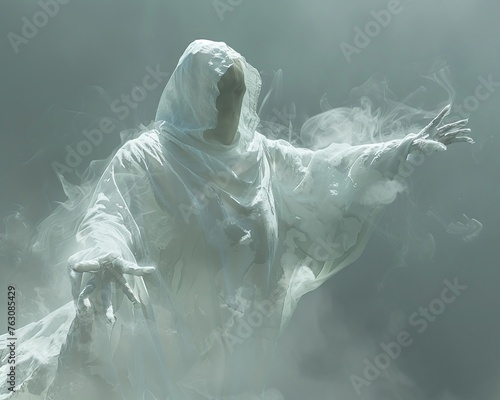 a mysterious figure in white, reaching into the fog, with faint, ghostly shapes looming ahead 3D Anthropomorphic Pop Art