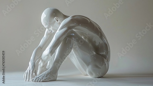 a poignant moment as a white plastic human sits alone, reflecting on the remnants of a world lost super realistic photo