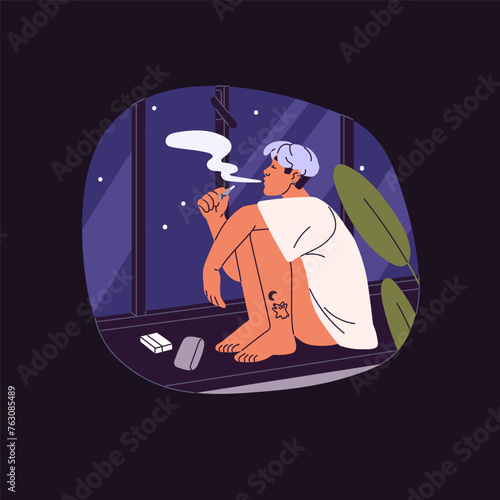 Single woman sits in window, smokes electronic cigarettes at night. Girl with harmful habit inhaling clouds of tobacco fume, dangerous vapour. Nicotine addiction. Flat isolated vector illustration