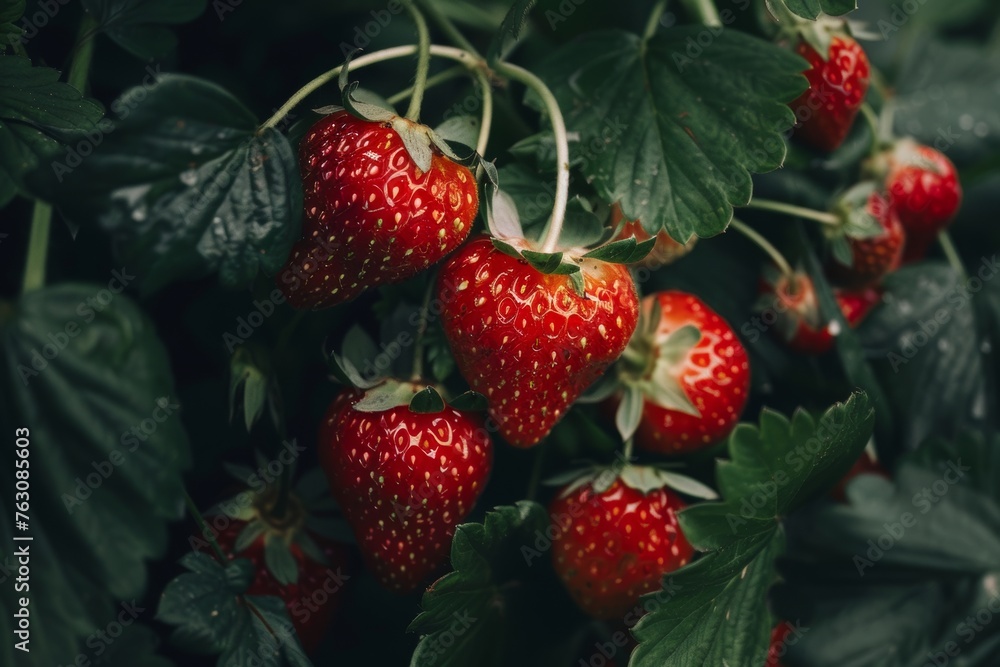 Vibrant, luscious strawberries on bush in garden, Generative AI Vibrant, luscious strawberries on bush in garden, Generative AI