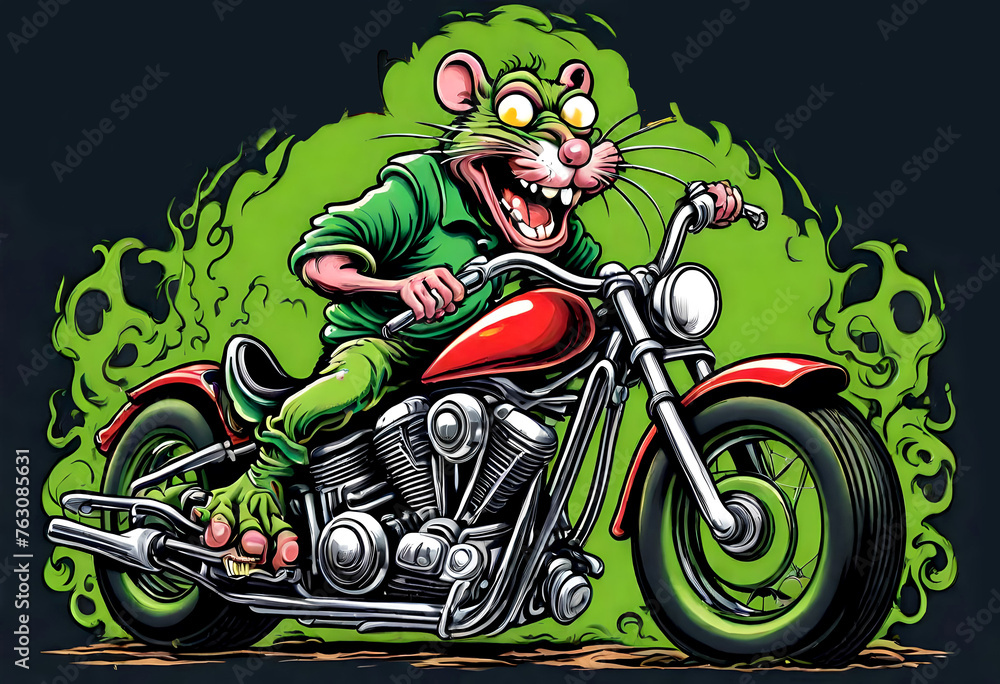 a bright colored cartoon of an evil devil rat riding a fictional unbranded motorcycle. motorcycle gang logo. Suitable for a t-shirt design.