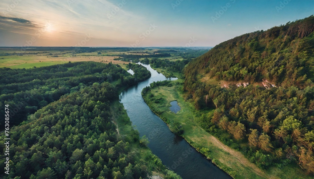 Fototapeta premium Beautiful river flowing through the endless forest, drone shot, nature, environment